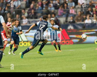 Vancouver, Canada. 18 June, 2016. Vancouver Whitecaps midfielder Andrew Jacobson (17) after a loose ball. Vancouver Whitecaps vs New England Revolution, BC Place Stadium.  Final Score New England wins 2-1. Credit:  Gerry Rousseau/Alamy Live News Stock Photo