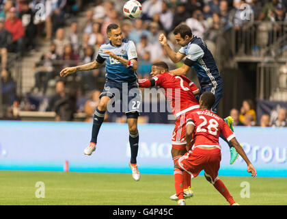 Vancouver, Canada. 18 June, 2016. Vancouver Whitecaps forward Blas Perez (27) jumping for the ball. Vancouver Whitecaps vs New England Revolution, BC Place Stadium.  Final Score New England wins 2-1. Credit:  Gerry Rousseau/Alamy Live News Stock Photo