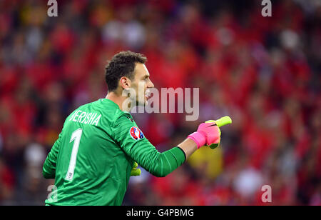 Lyon, France. 19th June, 2016. Goalkeeper Etrit Berisha of Albania gestures during the UEFA EURO 2016 Group A soccer match between Romania and Albania in the Stade de Lyon, Lyon, France, June 19, 2016. Photo: Uwe Anspach/dpa/Alamy Live News Stock Photo