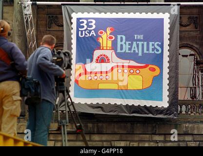 A giant US postage stamp bearing the Yellow Submarine is unveiled outside Liverpool Town Hall as part of the Beatles Festival. Stock Photo