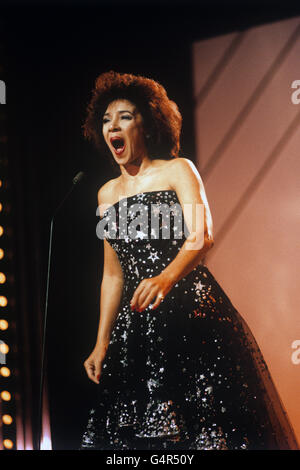 Welsh singer Shirley Bassey during rehearsals ahead of performing at the Royal Variety Performance in front of the Queen and the Duke of Edinburgh. This was Shirley Bassey's first performance since the tragic death of her daughter Samantha. She said her voice disappeared and she had to have signing lessons for the first time in her life to get it back. Stock Photo