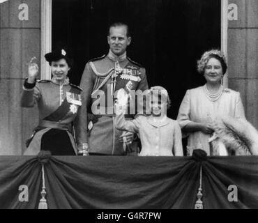 Queen Elizabeth II, Duke of Edinburgh, Princess Anne and the Queen Mother, on the balcony of Buckingham Palace after the Trooping the Colour ceremony. The parade is held in honour of the Queen's official birthday. Stock Photo