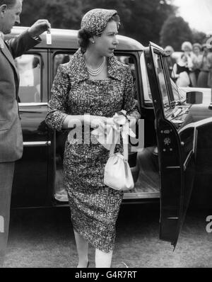 Queen Elizabeth II arriving at Smith's Lawn, Windsor Great Park, to watch the Duke of Edinburgh captain the Windsor Park team. Stock Photo