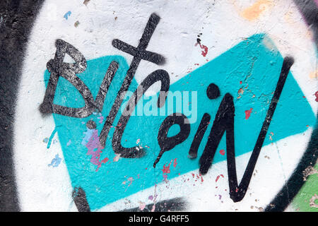 BitCoin  Graffiti & Spray Art grunge Liverpool, Merseyside, North West England, United Kingdom, UK Stock Photo