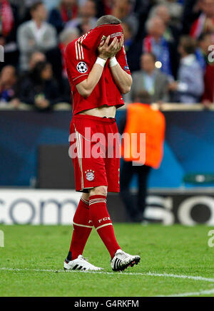 Bastian Schweinsteiger, Bayern Munich, shortly after he kicked the ball on the goal post during the penalty shootout Stock Photo