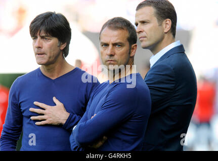 German national coach Joachim Loew, assistant coach Hansi Flick and team manager Oliver Bierhoff, warm-up game for the UEFA Stock Photo