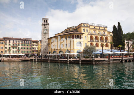 Torre Apponale, clock tower, and the 4-star Sole Hotel on the shore of Lake Garda, Trentino-Alto Adige, Italy, Europe Stock Photo