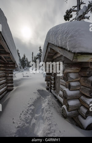 Timber outhouse in Urho Kekkonen national park, Sodankylä, Lapland, Finland, Europe, EU Stock Photo