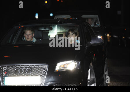 PLEASE NOTE: NUMBER PLATE DELETED BY PRESS ASSOCIATION PICTURE DESK. Prince Harry, Princess Eugenie (centre) and Princess Beatrice visit the Duke of Edinburgh who is recovering in Papworth Hospital near Huntingdon, Cambridgeshire, after treatment for a blocked coronary artery. Stock Photo