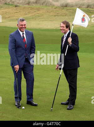 Darren Clarke (left) with Chief Executive of the European Tour George O'Grady during the photocall at Royal Portrush Golf Club in County Antrim. Stock Photo