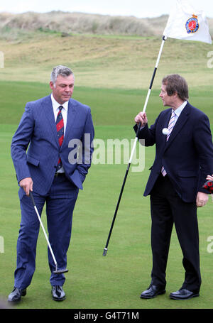 Darren Clarke (left) with Chief Executive of the European Tour George O'Grady during the photocall at Royal Portrush Golf Club in County Antrim. Stock Photo