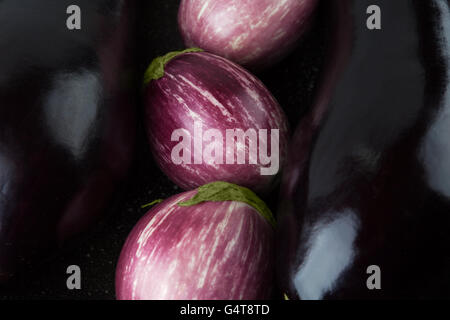 Classic and purple striped eggplants closeup Stock Photo