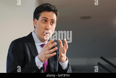 Labour leader Ed Miliband delivers a speech on the economy at the Oxo Tower in London. Stock Photo