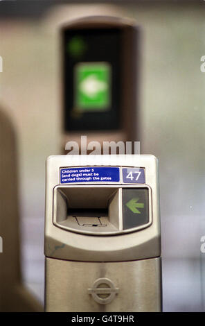 JANUARY 5TH : On this day in1964 the first ticket collecting machine was installed on the London Underground. A close up of a London Underground ticket barrier at Bermondsey tube station, designed by Ian Ritchie Architects, now open as part of the Jubilee line extension. Stock Photo