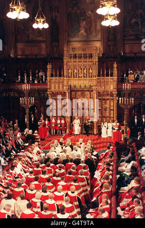 Britain's Queen Elizabeth II with the Duke of Edinburgh outlines the Government's programme for the forthcoming Parliamentary session from the Throne in the House of Lords. * The number of hereditary peers in the House of Lords has been reduced following recent Government legislation. Stock Photo