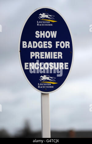 General view of a sign for the Premier Enclosure at Leicester Racecourse