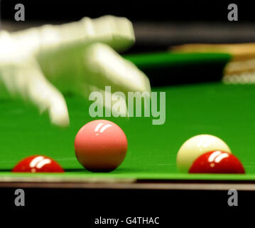 The referee returns the pink ball to it's spot during The Masters 2012 at Alexandra Palace, London. Stock Photo