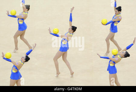 Great Britain perform during the Group All Round Final during the Visa International Gymnastics at the North Greenwich Arena, London. Stock Photo