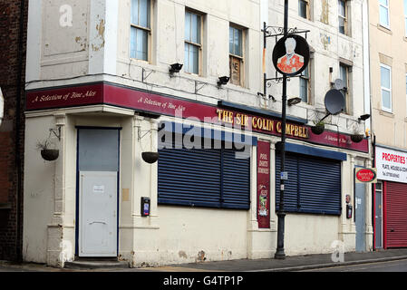 A general view of The Sir Colin Campbell pub in North Shields, North Tyneside, which is boarded up. Stock Photo