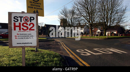 A 'Stop HS2' sign at the road side in Drayton Bassett, Staffordshire as the Government signalled the go-ahead for the &pound;32 billion HS2 high-speed London-Birmingham rail project that will drastically reduce journey times between major UK cities. Stock Photo