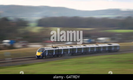 A general view of a Hitachi Class 395 Javelin train as it passes through Ashford, Kent, using the HS1 Channel Tunnel Rail Link as a controversial new high-speed rail line between London and Birmingham has been given the go-ahead by government. Stock Photo