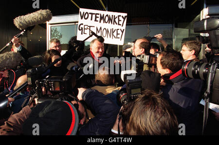 MP Ken Livingstone, who is hoping to be chosen as one of the Labour party candidates for the Mayor of London, is surrounded by protestors in fancy dress as he arrives at the party's Millbank headquarters in London. * Mr Livingstone will be questioned further by members of the selection panel, who wish to quiz him, a former leader of the Greater London Council, on matters which are thought to include his attitude towards the privatisation of the London Underground. Stock Photo