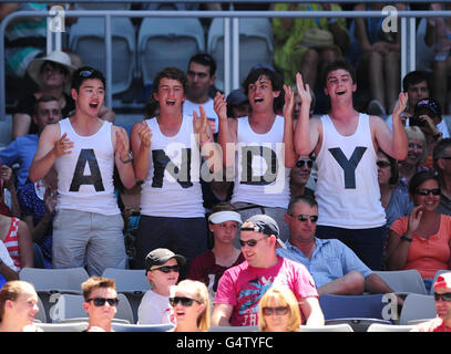 Tennis - 2012 Australian Open - Day Two - Melbourne Park. Andy Murray fans during his match against Ryan Harrison on day two of the 2012 Australian Open at Melbourne Park in Melbourne, Australia. Stock Photo