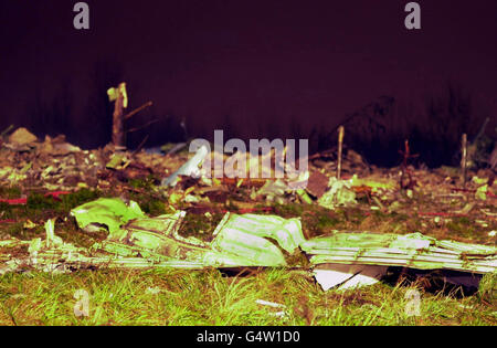 Firemen inspect some of the crash wreckage of a Korean Air 747 jet , in which four men died. The cargo plane crashed close to a busy motorway moments after taking off from Stansted Airport in Essex. * One body and a number of body parts have been found at this remote woodland spot in Essex where the plane plummeted to the ground. Stock Photo