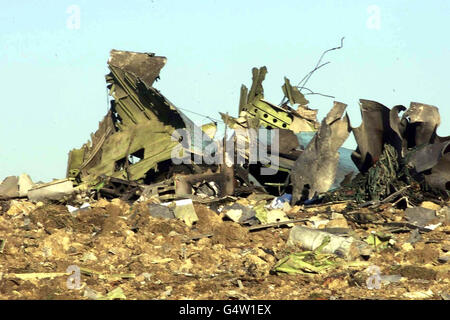 The scene where a Korean 747 cargo jet crashed shortly after take off from Stansted Airport. The plane came down in open fields close to Beggar's Hall Farm near Stansted Airport in Essex, just south of the airport, killing the 4 crew members on board. Stock Photo