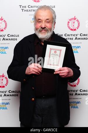 Mike Leigh with the Best Director award for Grief at the 2011 Critics Circle Theatre Awards, at the Prince of Wales Theatre, Coventry Street, London. Stock Photo