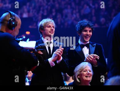 National Television Awards 2012 - Show - London. Bradley James and Colin Morgan during the 2012 NTA Awards at the O2, Greenwich, London Stock Photo