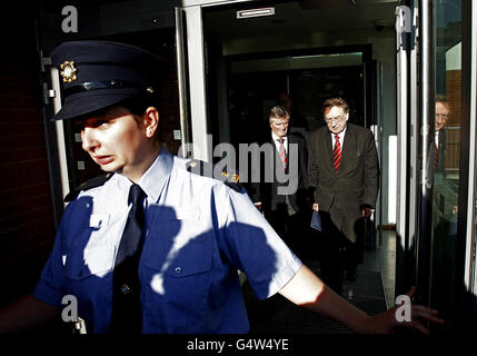 Former junior government minister Ivor Callely (left) is released from custody at Irishtown Garda station in Dublin accompanied by his solicitor Noel O'Hanrahan (right). Stock Photo