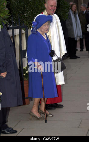 The Queen Mother at the christening of her great grandson Charles Patrick Inigo Armstrong Jones, the son of Viscount and Viscountess Linley. Stock Photo