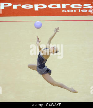 Ukraine's Ganna Rizatdinova goes on to win Silver during the Individual All Round Final of the Visa International Gymnastics at the North Greenwich Arena, London. Stock Photo