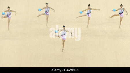 Spain go on to win Gold during the Group All Round Final during the Visa International Gymnastics at the North Greenwich Arena, London. Stock Photo