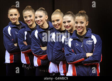 Great Britain pose following their performance during the Group All Round Final during the Visa International Gymnastics at the North Greenwich Arena, London. Stock Photo