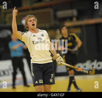 Hockey - Maxifuel Super Sixes Finals - Beeston v East Grinstead - Wembley Arena. East Grinstead's Ashley Jackson celebrates during the Maxifuel Super Sixes Finals at Wembley Arena, London. Stock Photo