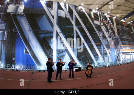 Musicians performing inside the Millennium Dome tourist attraction in Greenwich, south London. Stock Photo