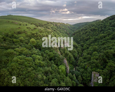 Aerial view of Dovedale and Ilam Rock in the Peak District National Park, Derbyshire, UK Stock Photo