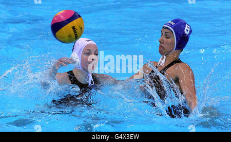 Water Polo - London 2012 Test Event - Day Two - Water Polo Arena. Great Britain's Anie Hoy (left) and Hungary's Rita Keszthelyi during the London 2012 Test at the Water Polo Arena, London. Stock Photo