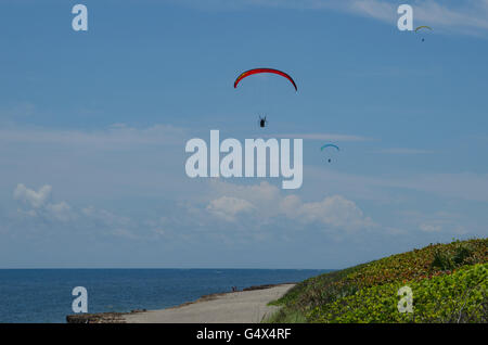 Florida, USA two motor paragliders paragliding against a blue sky over water by ocean seashore Stock Photo