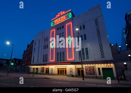 The Art Deco Plaza Cinema theatre located in Stockport in Cheshire, taken on a dark night.