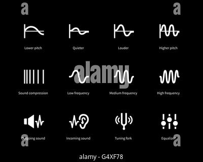 Sound wave cycle icons on black background. Stock Vector