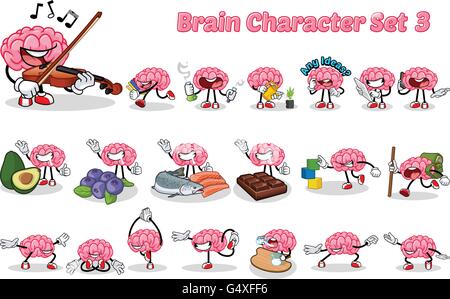 Set of Brain Cartoon Character Three Vector Illustration Stock Vector