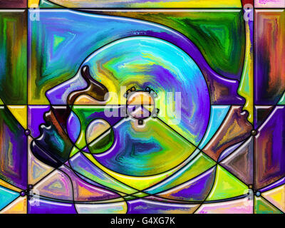 Thinking Divided series. Design composed of human profiles and stained glass lines as a metaphor on the subject of mind, science Stock Photo