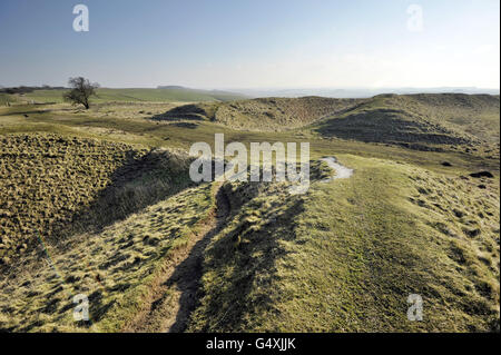 Barbury castle. General view of Barbury Castle, an Iron Age hillfort on the Ridgeway near Swindon in Wiltshire. Stock Photo