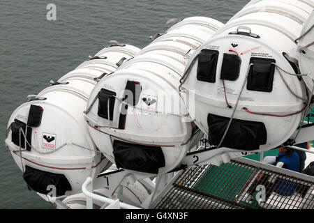 Three Viking throw overboard lift rafts on the Irish Ferries, Isle of Inishmore ferry. Stock Photo