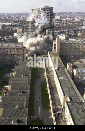 A tower-block in Hackney, East London, being demolished by Tommy Walsh, a builder on the BBC's Groundforce programme. Barkway Court, a 1960's 19-storey high-rise block of flats, was blown up to make way for high quality housing for older people. Stock Photo