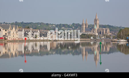 The cathedral and riverside housing in the Cornish capital reflected in the Truro river. Truro is the UK's most southerly city Stock Photo