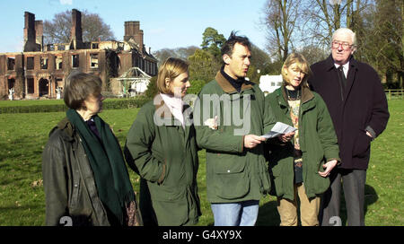 Members of the Colvin family (L-R) Elizabeth Gilmour, Arabella Gaggero, Jamie Cayzer-Colvin, Amanda Ponsonby and Alistair Colvina, reading a statement in the grounds of the fire-devastated Tangley House, near Andover, Hampshire. * He said Mamma and Dadda were devoted to each other. They were inseparable in life and our only consolation is knowing that they died together in the home that they loved. The blaze ripped through the home, killing Tory backbencher Michael Colvin and his wife Nichola in the early hours of 24/02/2000 morning. Stock Photo